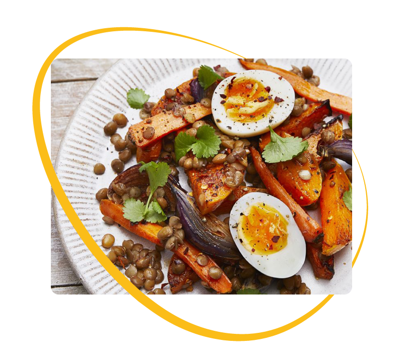 Spicy roast vegetables and lentils with boiled egg