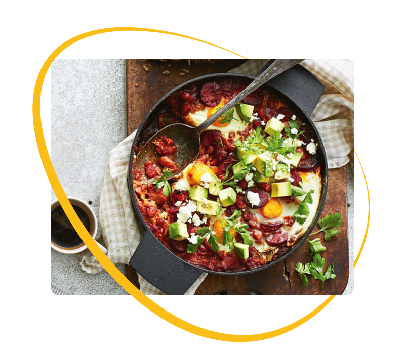 Baked eggs with chorizo and butterbeans